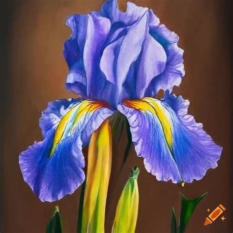 Drawing of blue iris flowers in grant wood style on Craiyon