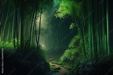 Bamboo Forest Landscape, Tall Trees and Footpath. Dense Bamboo Forest ...