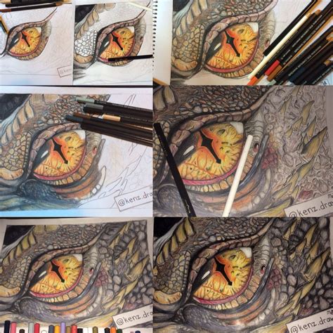 Steps on drawing this realistic dragon eye with coloured pencils! | Dragon eye drawing ...