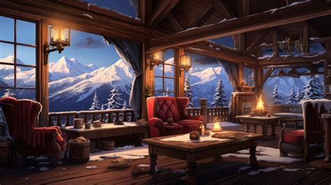 Premium Photo | A photo of a mountain cabin with a snowy backdrop warm interior light