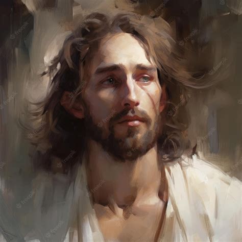 Premium AI Image | A painting of jesus with a white shirt and blue eyes.