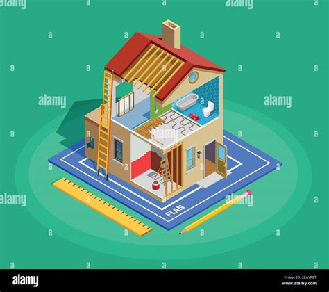Home repair isometric template with building and different maintenance works on green background ...