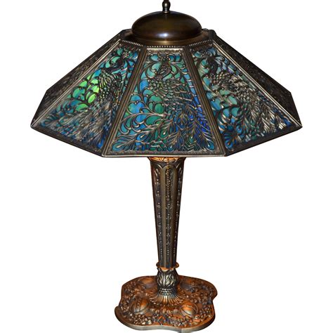 Slag Glass Panel Lamp With Peacock Filigree from vintagelampsandlighting on Ruby Lane