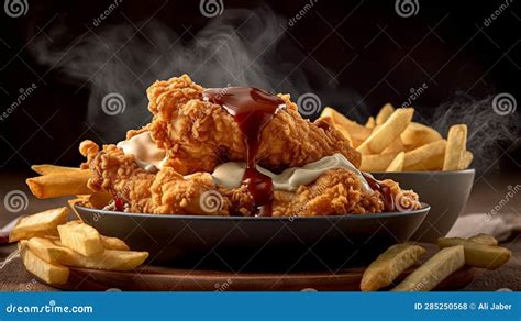 Fried Chicken with French Fries and Dipping Sauce Stock Illustration - Illustration of breaded ...