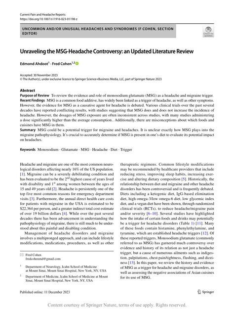 Unraveling the MSG-Headache Controversy: an Updated Literature Review