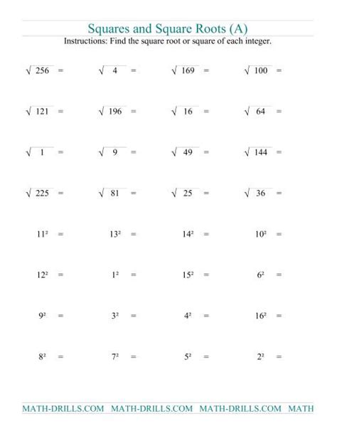 Squares and Square Roots (A) Number Sense Worksheet
