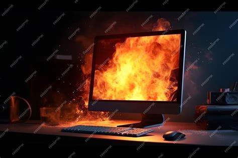 Premium AI Image | Burning computer screen in dark room Fire and smoke concept