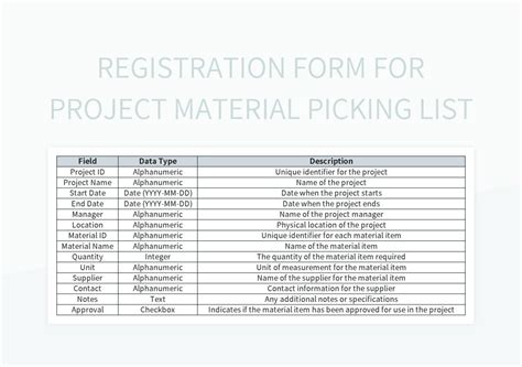 Registration Form For Project Material Picking List Excel Template And Google Sheets File For ...