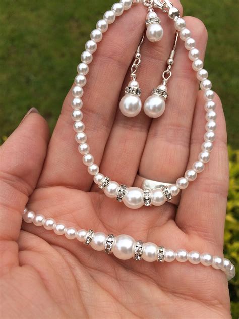 Pearl and diamante bridal jewellery set classic pearl necklace | Etsy