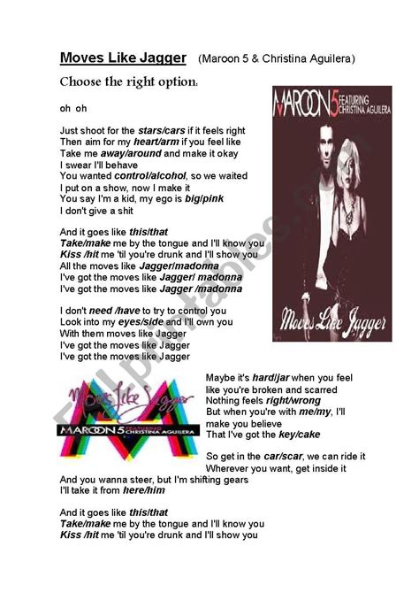 song "moves like Jagger" by Maroon 5 - ESL worksheet by inglesito