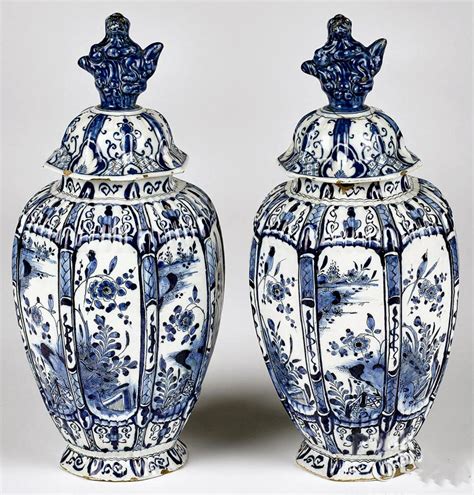 Dutch Delft Underglaze Blue and White Chinoiserie Vases and Covers, De Twee Scheepjes Factory ...