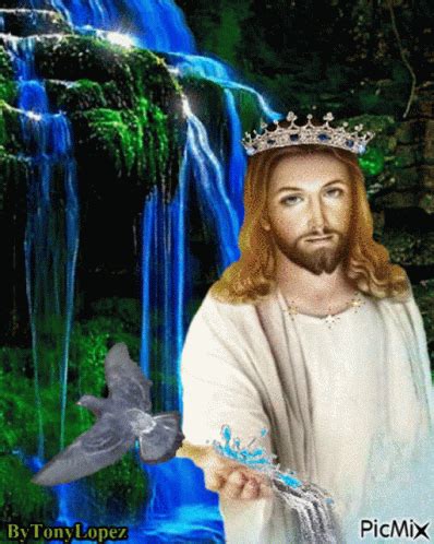 jesus holding a bird and wearing a crown in front of a waterfall with blue water