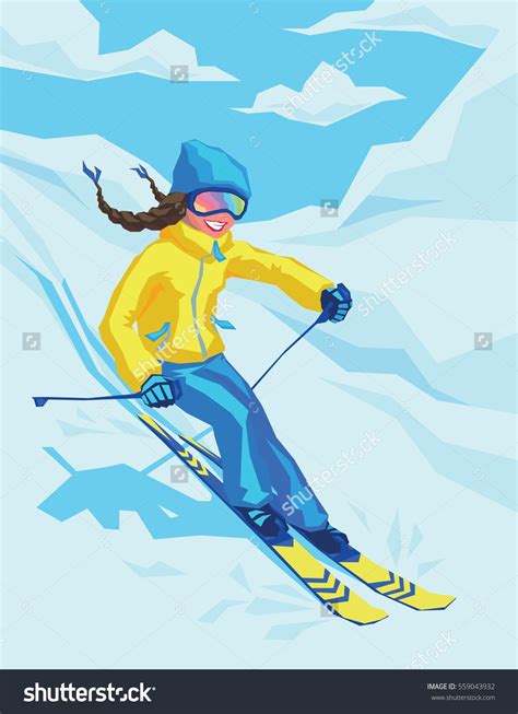 Vector illustration of happy girl on winter resort skiing there. Female on the ski on the ...