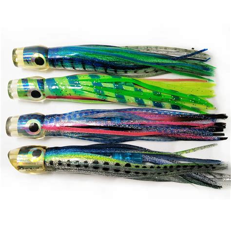 4 pcs Pusher Style Tuna Trolling Lures with Mesh Bag Resin Head ...