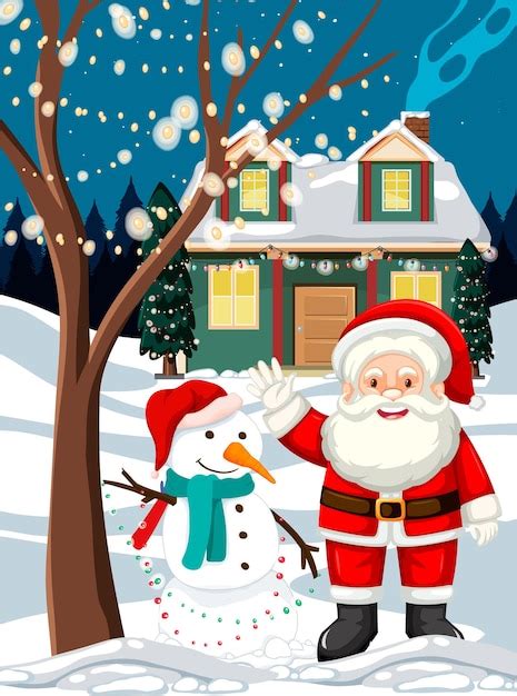 Free Vector | Christmas winter scene with santa claus and snowman