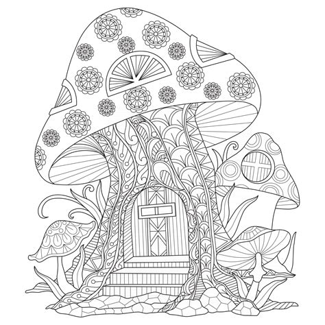 Mushroom house hand drawn for adult coloring book 2459637 Vector Art at ...