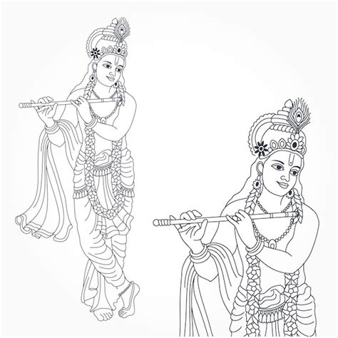 Premium Vector | Goddess krishna playing flute beautiful lineart coloring pages