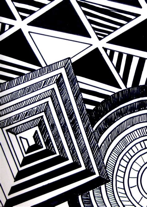 black and white drawing of an abstract design with lines, squares, and ...