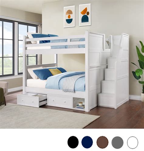 Queen Bunk Bed with Stairs + Trundle , Storage Drawers