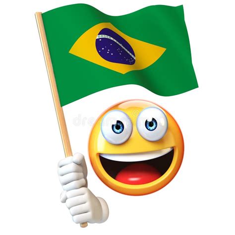 Emoji Holding Brazilian Flag, Emoticon Waving National Flag of Brazil 3d Rendering Stock ...