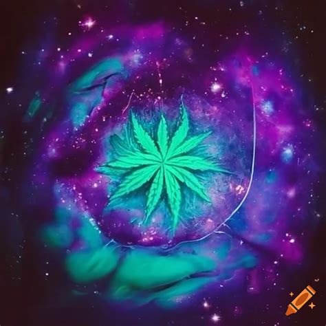 Artistic depiction of a floating hippie in a marijuana-themed galaxy on Craiyon