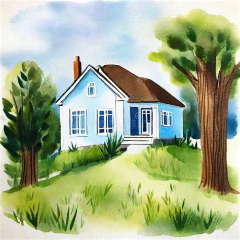 Watercolor of House on the Hill Stock Illustration - Illustration of street, summer: 299620983