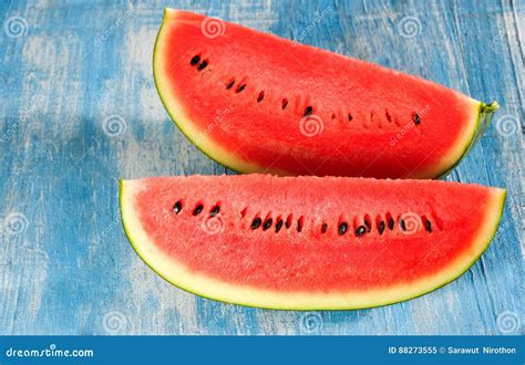 Watermelon Slice on Blue Wooden . Stock Image - Image of summer, snack: 88273555