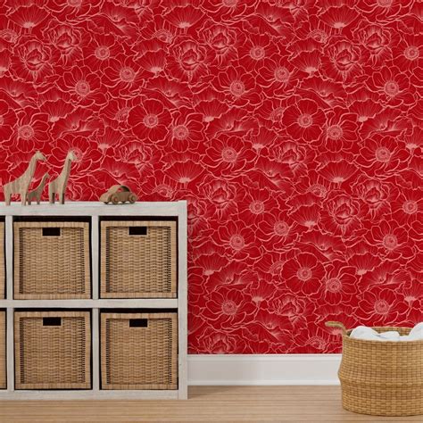 Red Poppy Flower Lacy Contour Line Art Wallpaper | Spoonflower