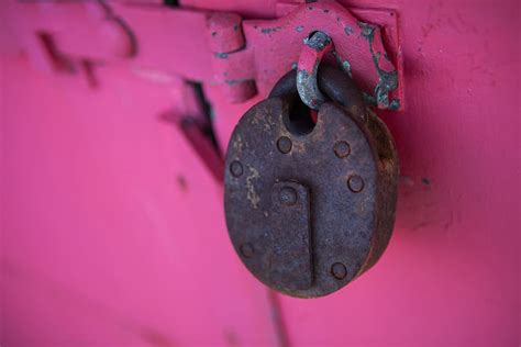 rusty, lock, captured, vivid, pink, background, Close-up shot, various ...