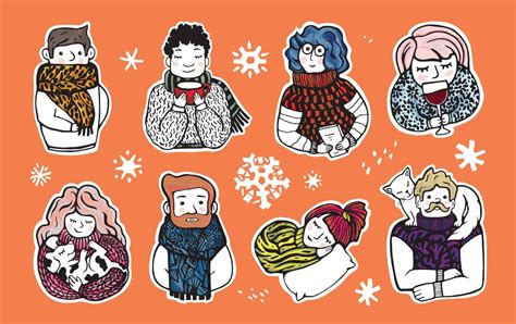 Big set of cute stickers of different people in warm clothes. Christmas ...