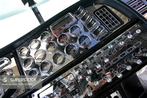 Semi Trucks Big Rig inside dash panel dashboard cab meters - SuperStock