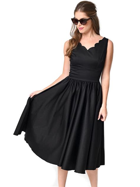 Black Scallop Neck Cinched Waist Ladylike Vintage Dress | E61070-2 ...