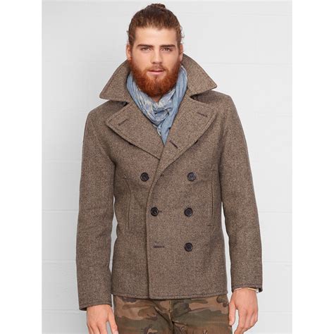 Ralph Lauren Herringbone Pea Coat in Brown for Men | Lyst