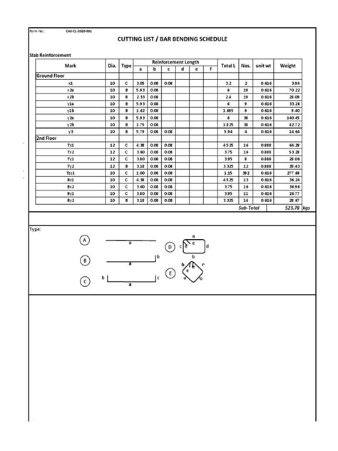 Rebar Cutting List Slab | PDF