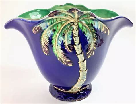 VINTAGE BESWICK ENGLAND Sapphire Blue Palm Tree Pottery Vase Tropical ...