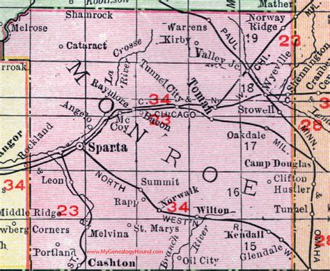 Monroe County, Wisconsin, map, 1912, Sparta, Tomah, Cashton, Kendall, Cataract, Tunnel City ...