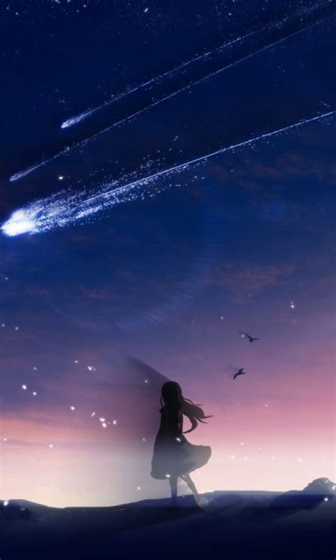 Shooting star, anime girl, silhouette, art, 480x800 wallpaper Night Sky Wallpaper, Star ...