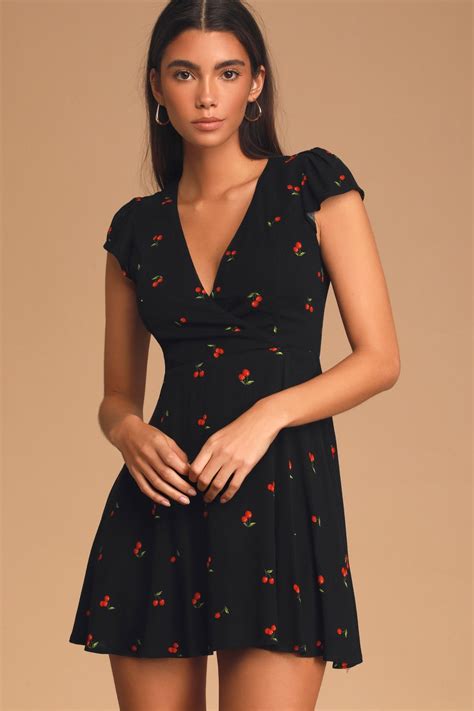 Best Day Ever Black Cherry Print Skater Dress in 2020 | Cherry print ...