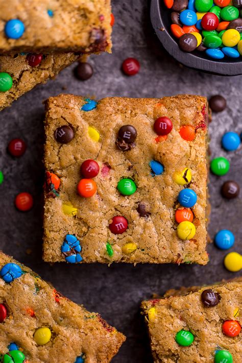 Soft and Chewy M&M Cookie Bars - Baker by Nature