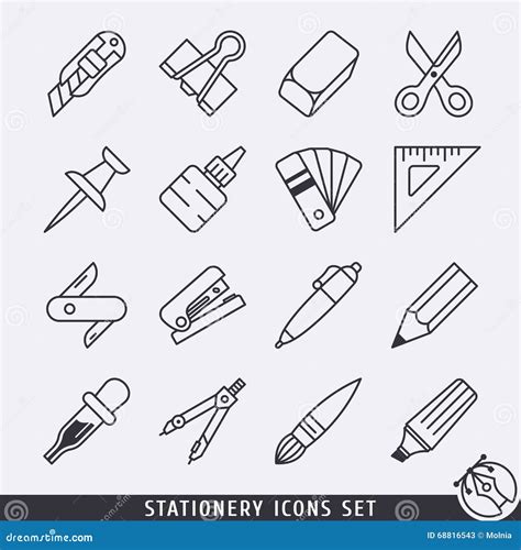 Stationery Icons Set Black And White Lineart Stock Vector - Image: 68816543