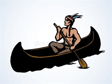 Native American in a Canoe. Vector Drawing Stock Vector - Illustration of america, fishing ...