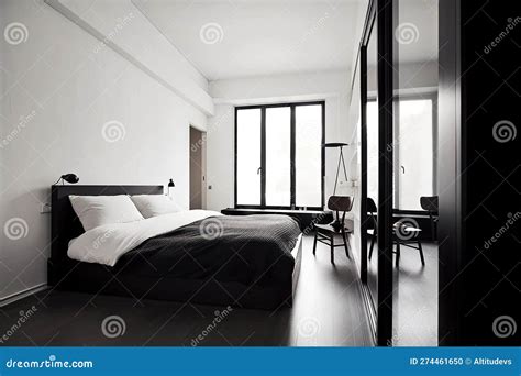 Minimalist Bedroom with Black Furniture and White Bedding Stock Photo ...