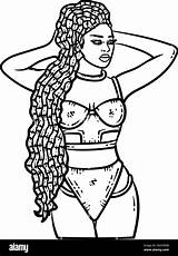 Summer Afro Girl In A Bikini Line Art Coloring Stock Vector Image &  sketch template