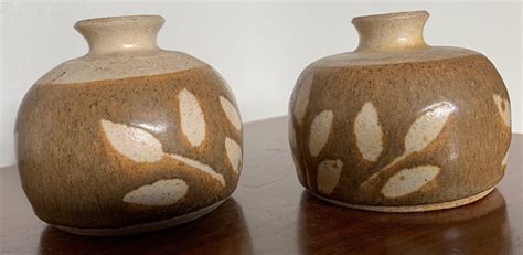 Pair Rounded Vintage Stoneware Studio Pottery Vases Vessels Mid Century Modern