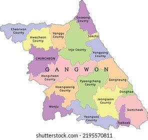 Gangwon Province Administrative Map Counties Clored Stock Vector (Royalty Free) 2195570811 ...