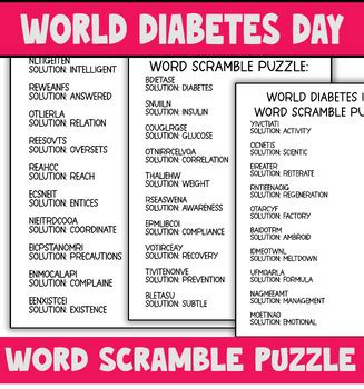 world diabetes day Word Scramble Puzzle , world diabetes day Activities