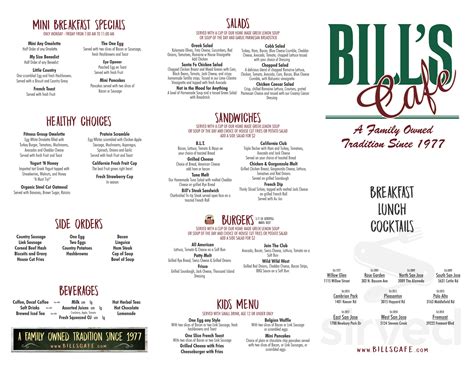 Bill's Cafe - Bascom menu in San Jose, California, USA