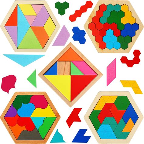 Amazon.com: 5 Pack Wooden Hexagon Puzzle for Kid Shape Pattern Block Brain Teaser Puzzles Wood ...