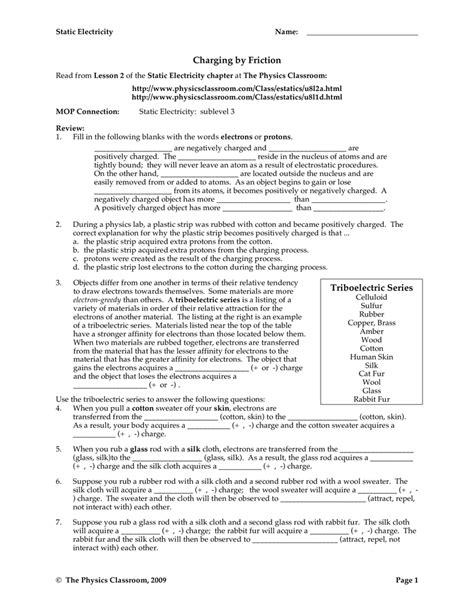 Charging By Friction Worksheet Answers