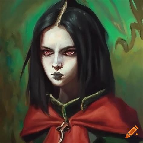 Oil painting of a fierce dark-haired red mage girl